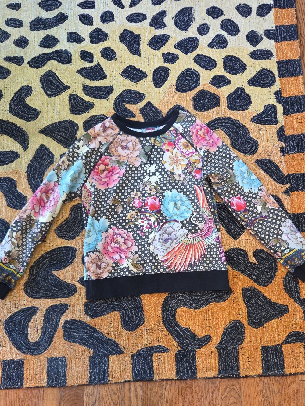 Johnny Was Black Floral & Bird Raglan Sweatshirt with Multicolor Blooms